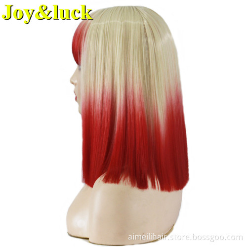 Wholesale Price Short Wig With Bangs Natural Straight Blonde Ombre Green Costume Party Halloween Day Cosplay Synthetic Wigs